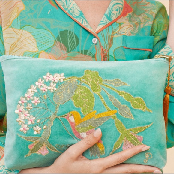 Powder UK Hummingbird luxury velvet embroidered pouch w/tassel-2 available-NWT - Picture 4 of 16